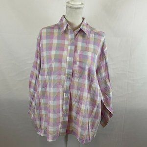 Vici Blouse XS Purple Beige White Checkered Plaid Button Front Long Sleeve